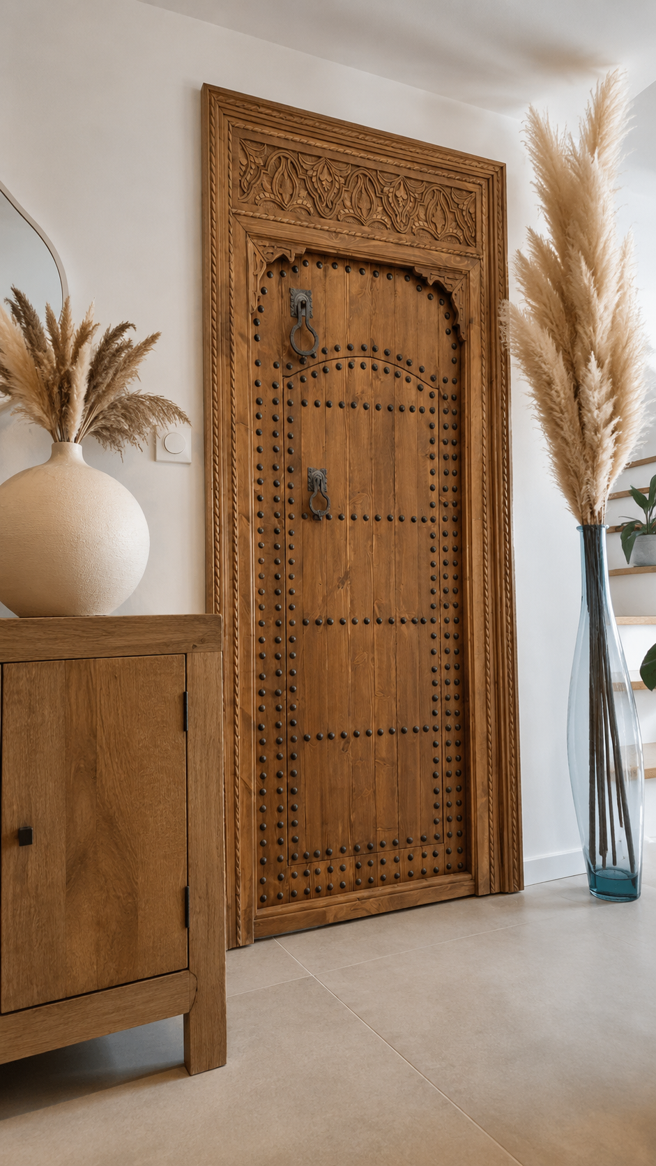Porte en bois massif sculptée à la main avec arche décorative, fabrication artisanale sur mesure en cèdre.