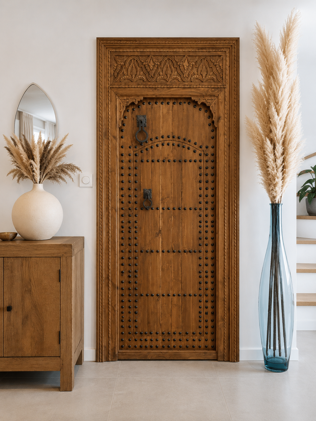 Porte en bois massif sculptée à la main avec arche décorative, fabrication artisanale sur mesure en cèdre.