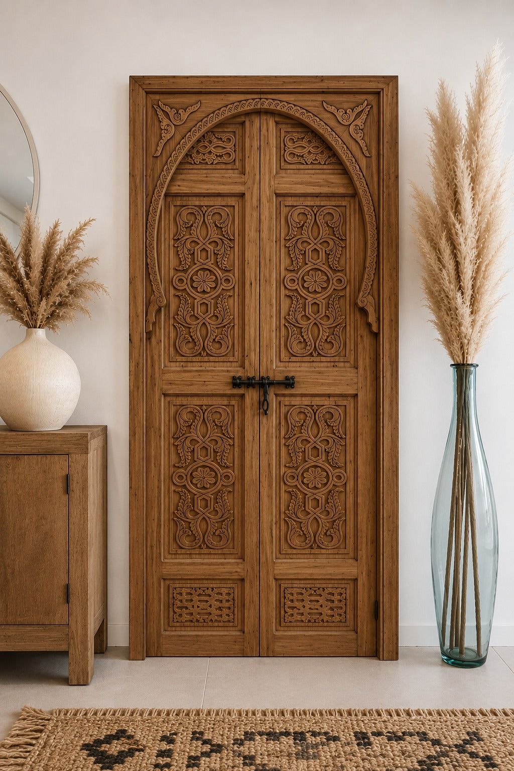 Porte décorative double en bois de cèdre sculptée à la main, porte artisanale sur mesure pour décoration intérieure