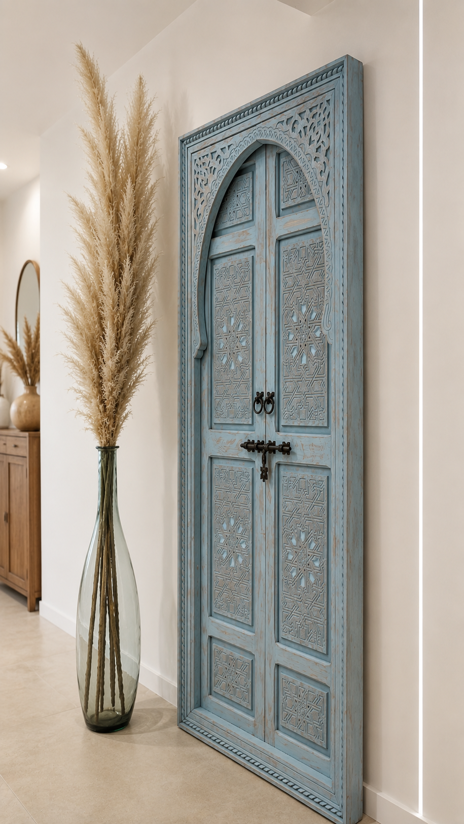 Porte Prestige | Porte en bois sculptée bleu patiné fabriquée à la main