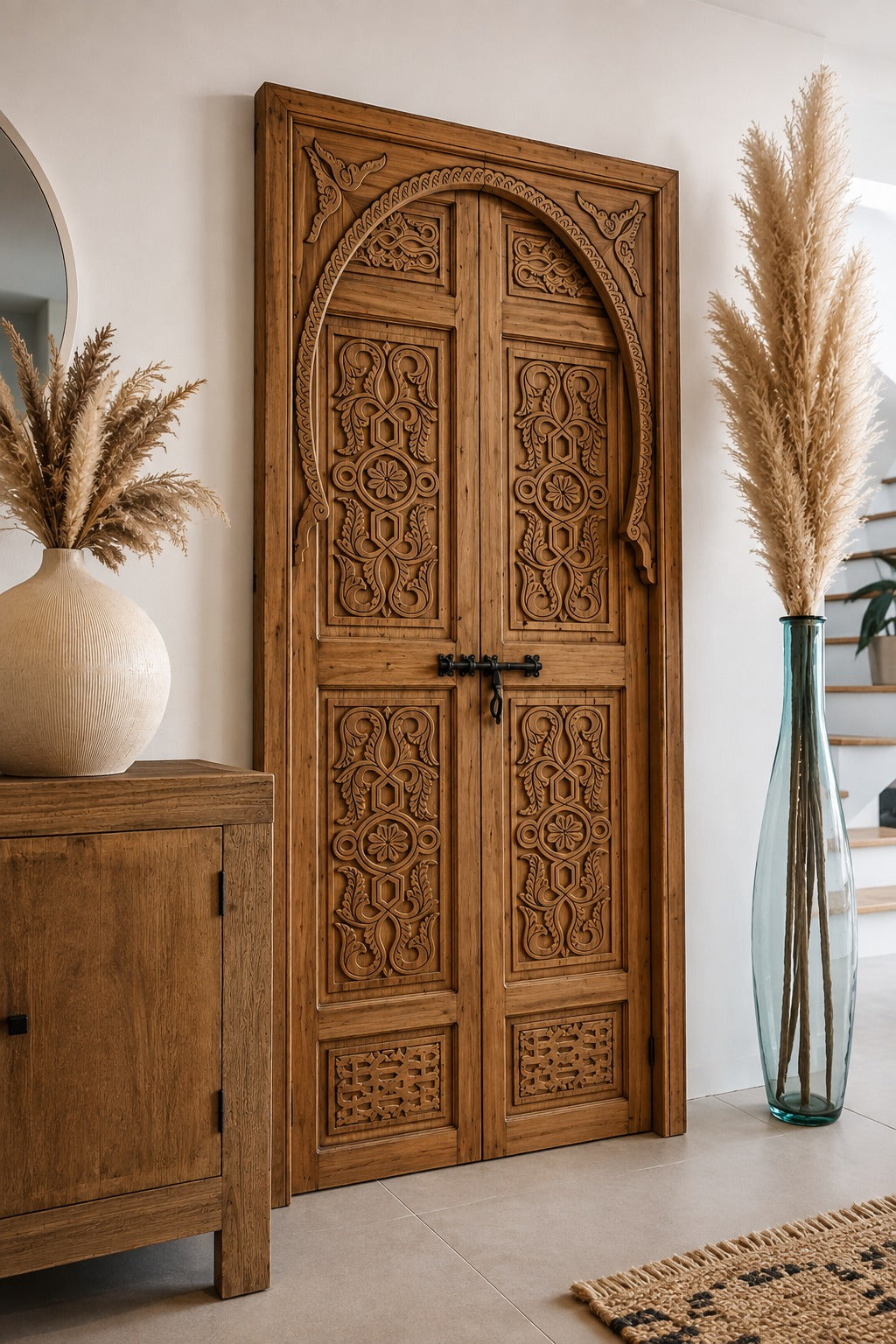 Porte décorative double en bois de cèdre sculptée à la main, porte artisanale sur mesure pour décoration intérieure