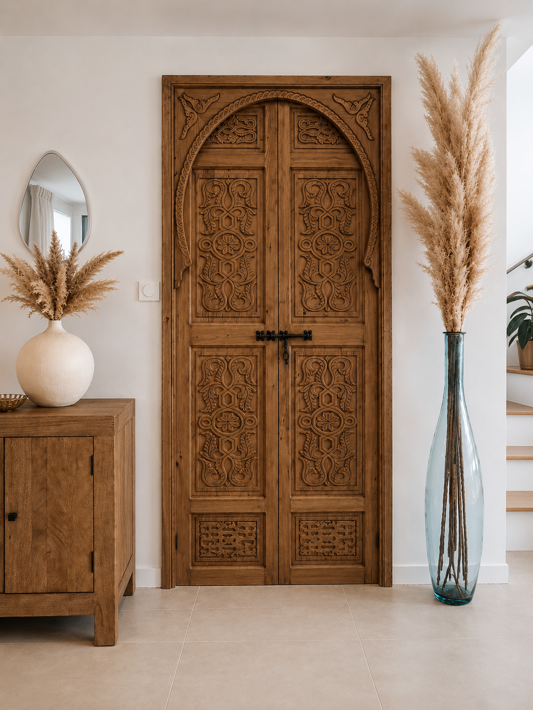 Porte double en bois de cèdre sculptée à la main, porte artisanale sur mesure pour décoration intérieure