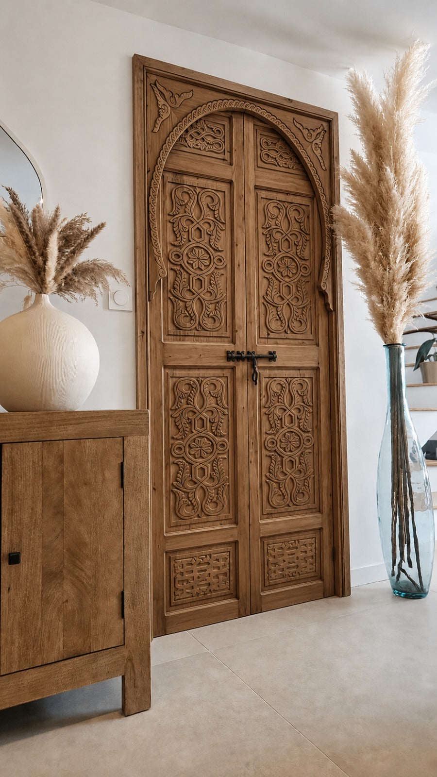 Porte double en bois de cèdre sculptée à la main, porte artisanale sur mesure pour décoration intérieure